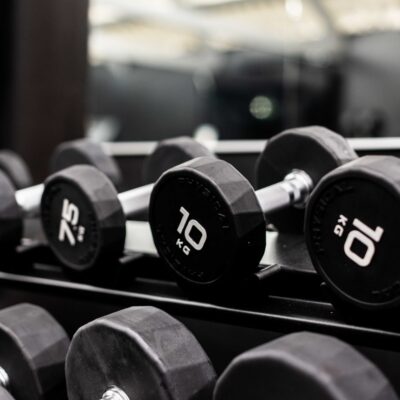 A rack of dumbbells and free weights at Foxes Gym, Colchester