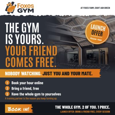 Foxes Gym launch offer at Foxes Farm, Eight Ash Green: the gym is yours and your friend comes free, shown over the private gym with dumbbell rack and hexagon ceiling lights