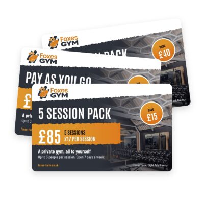 Foxes Gym pricing cards fanned out, showing the 5 session pack at £85 (£17 per session), pay as you go at £20 per session and the 10 session pack at £160 (£16 per session), for the private gym at Foxes Farm, Eight Ash Green, Colchester