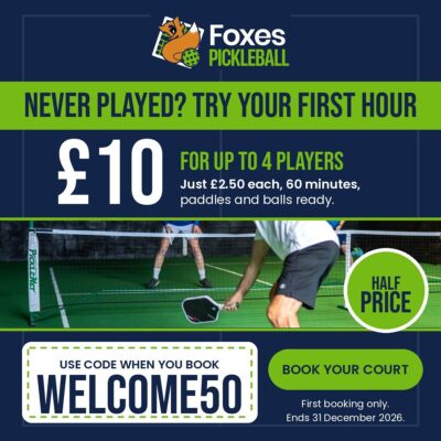 Foxes Pickleball offer: never played? Try your first hour on the indoor court at Foxes Farm, Eight Ash Green for £10 for up to 4 players, just £2.50 each. Use code WELCOME50 when you book. First booking only, ends 31 December 2026