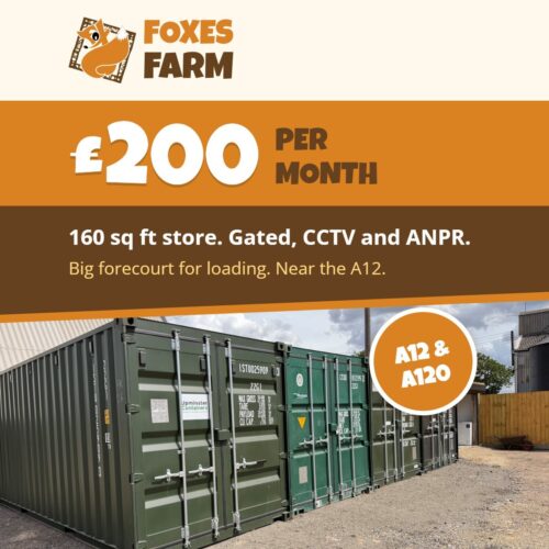 Foxes Farm container storage card: 160 sq ft store with gated access, CCTV and ANPR cameras, £200 per month at Eight Ash Green, Colchester, near the A12 and A120