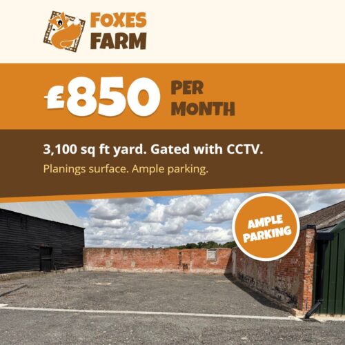 Foxes Farm open yard to rent card: 3,100 sq ft gated yard with CCTV and ample parking, £850 per month at Eight Ash Green, Colchester