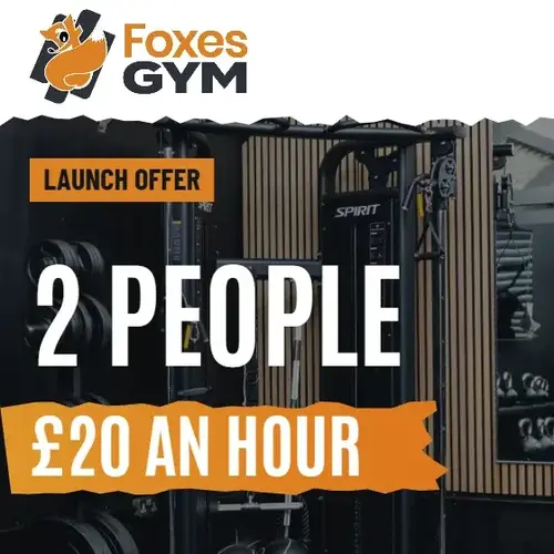 Foxes Gym launch offer card: 2 people, £20 an hour, at Foxes Farm, Eight Ash Green near Colchester