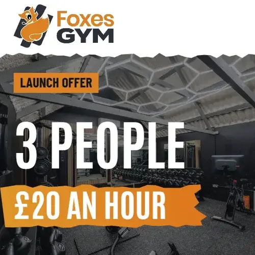 Foxes Gym launch offer card: 3 people, £20 an hour, at Foxes Farm, Eight Ash Green near Colchester