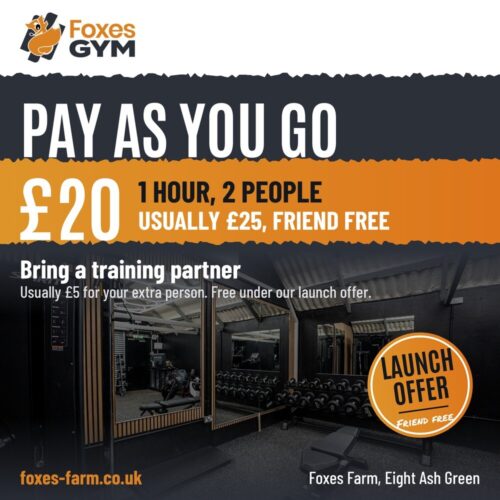 Foxes Gym pay as you go card: £20 for 1 hour for 2 people, usually £25, your friend comes free under the launch offer, private gym at Foxes Farm, Eight Ash Green