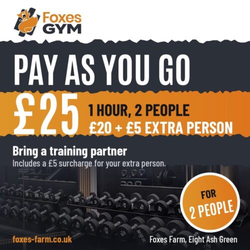 Foxes Gym pay as you go card: £25 for 1 hour for 2 people, £20 plus £5 for the extra person, private gym at Foxes Farm, Eight Ash Green