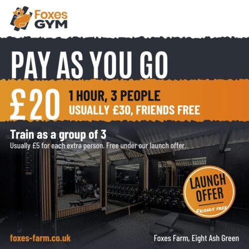 Foxes Gym pay as you go card: £20 for 1 hour for 3 people, usually £30, your friends come free under the launch offer, private gym at Foxes Farm, Eight Ash Green