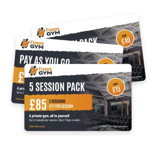 Foxes Gym pricing cards fanned out, showing the 5 session pack at £85 (£17 per session), pay as you go at £20 per session and the 10 session pack at £160 (£16 per session), for the private gym at Foxes Farm, Eight Ash Green, Colchester