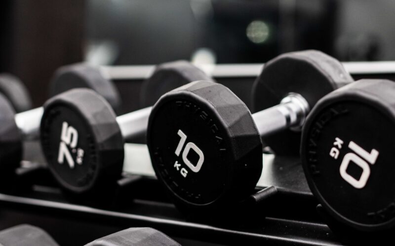 A rack of dumbbells and free weights at Foxes Gym, Colchester