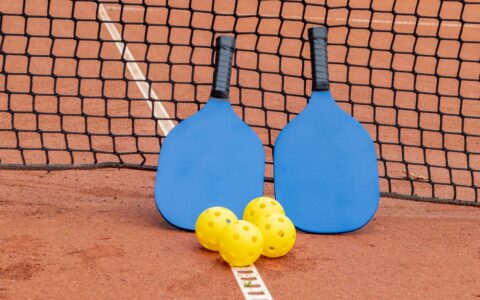 Two blue pickleball paddles leaning against a net with four yellow pickleballs on the court in front of them